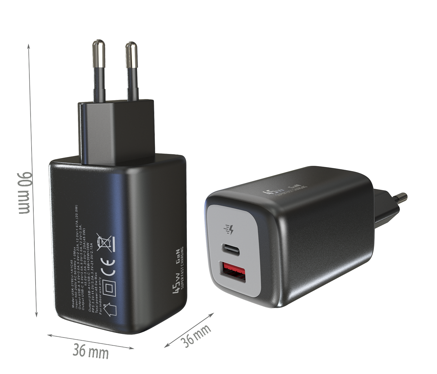 PD45W charger,1*USB-AF Port & 1*USB-CF Port