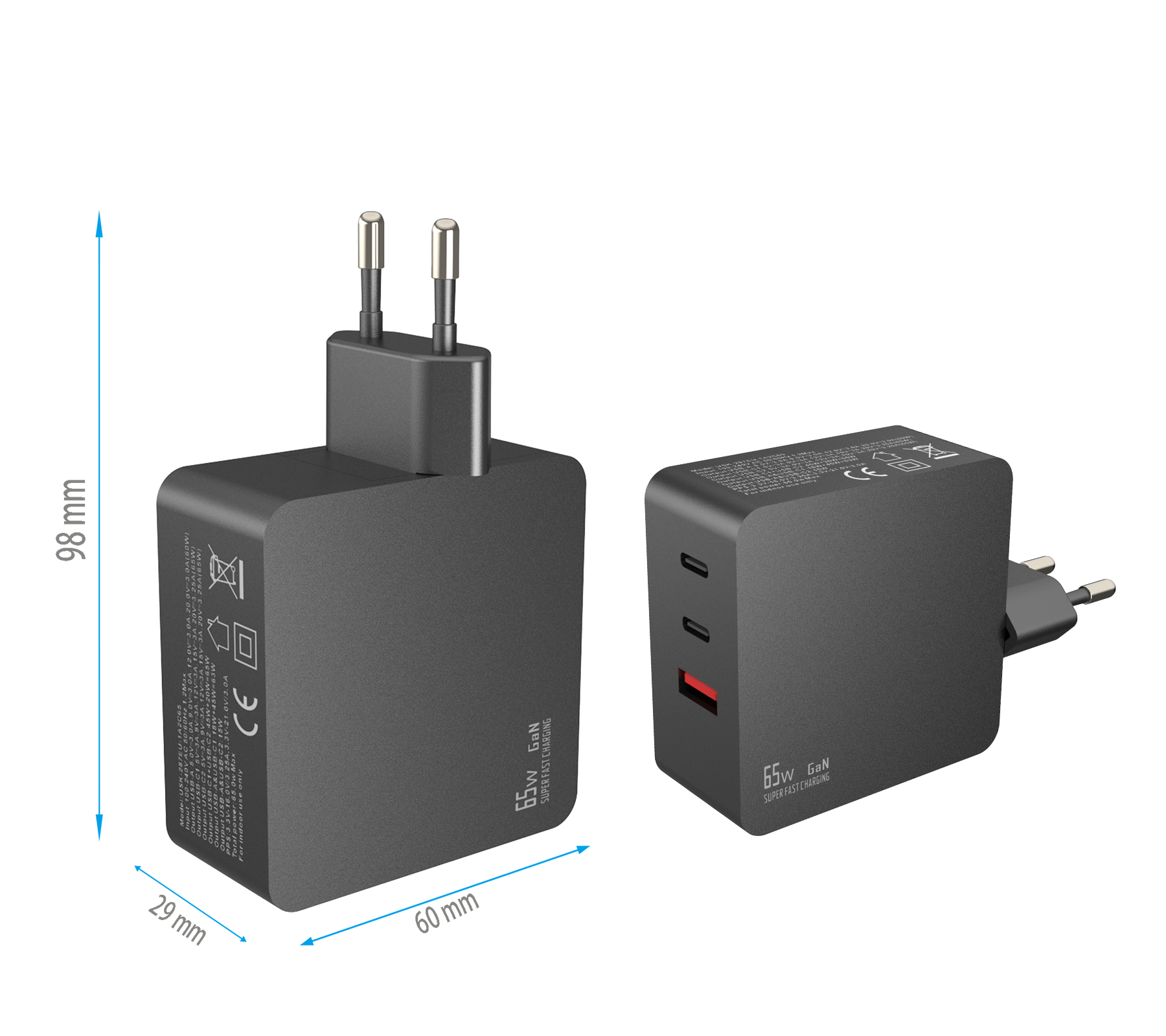 PD65W charger,1*USB-AF Port & 2*USB-CF Ports
