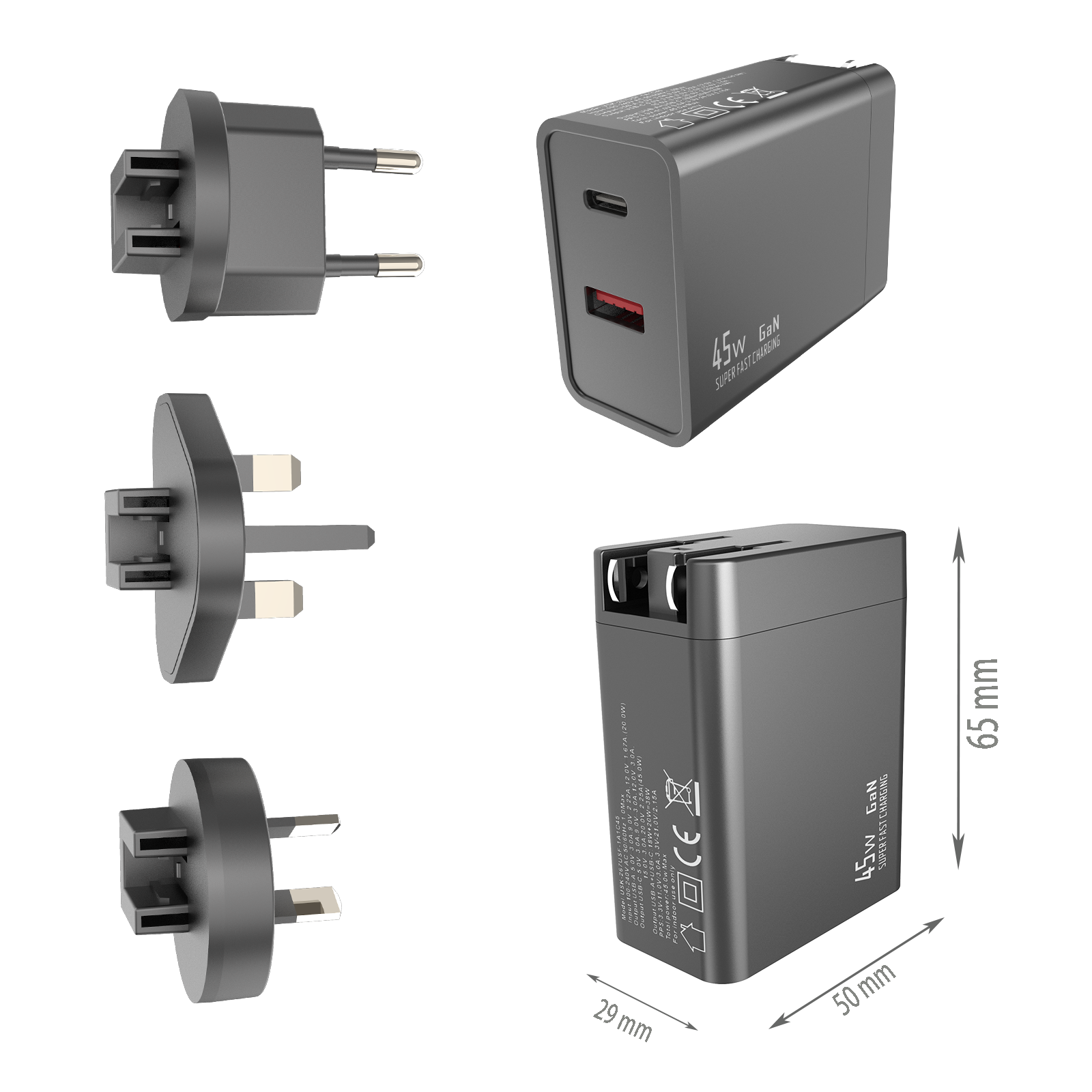 PD45W Travel charger,1*USB-AF Port & 1*USB-CF Port