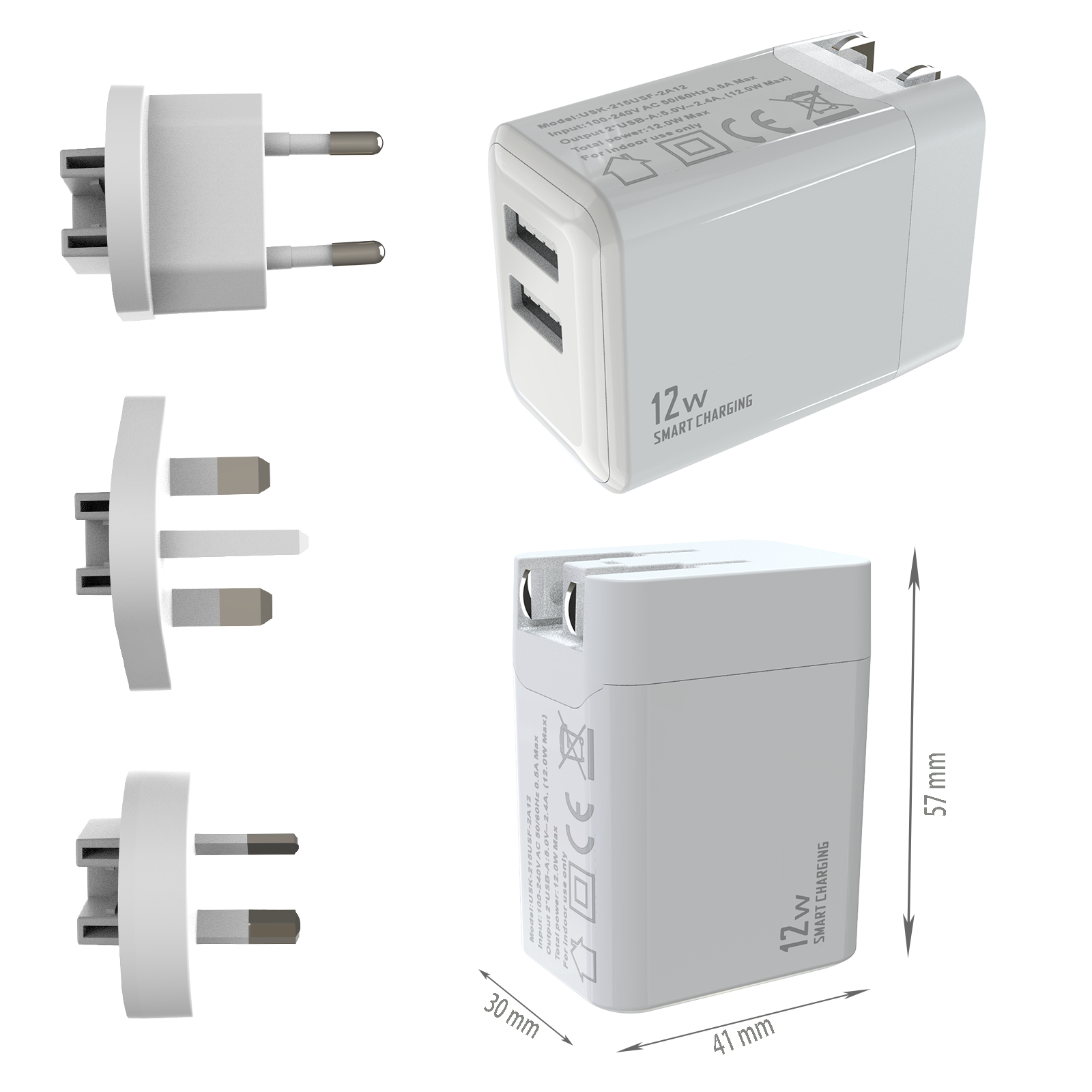 12W Travel charger,2*USB-AF Port