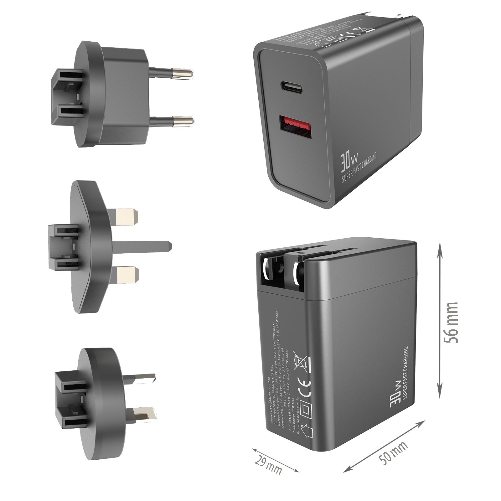 PD30W Travel charger,1*USB-AF Port & 1*USB-CF Port