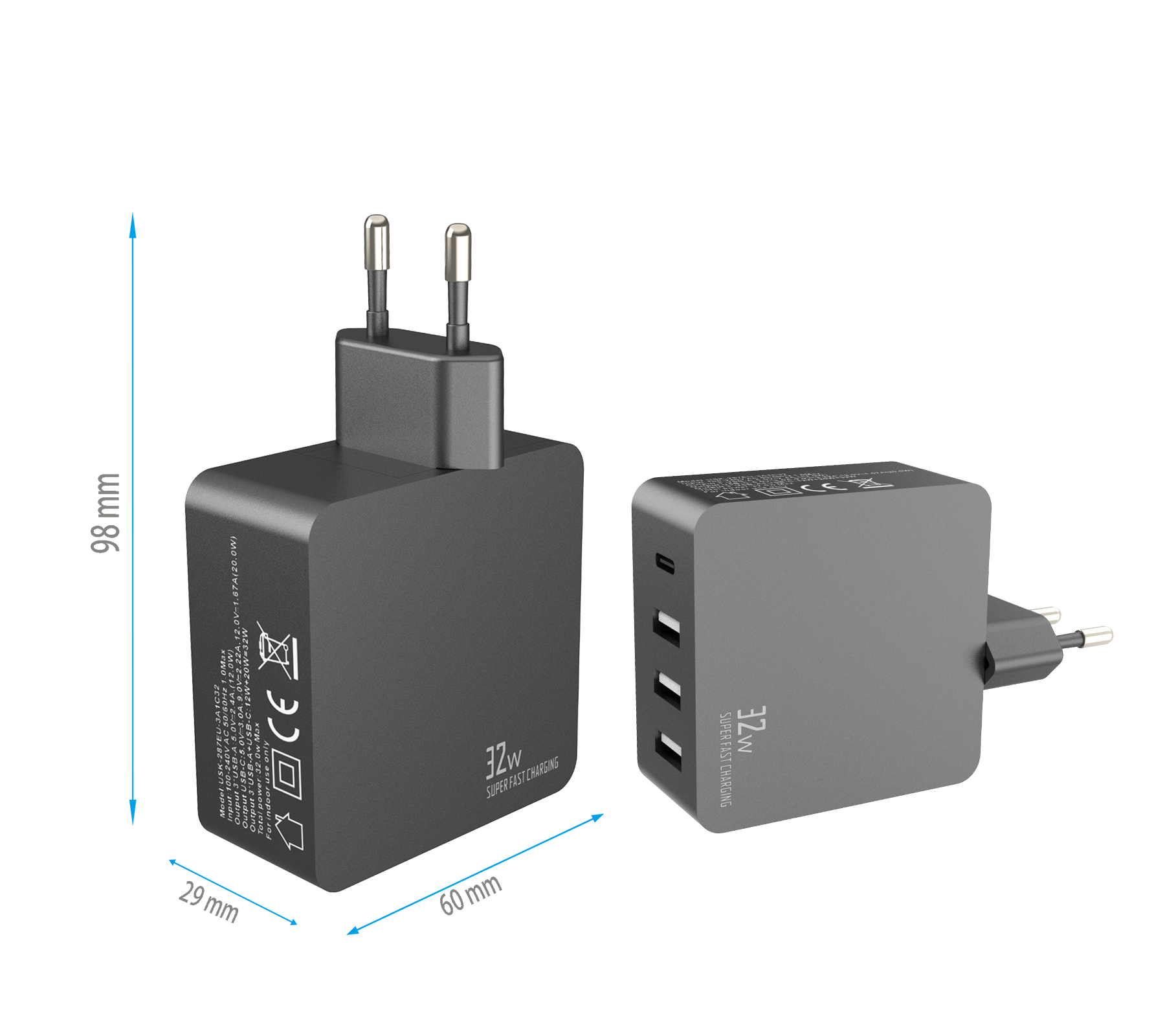 32W charger,3*USB-AF Ports & 1*USB-CF Port