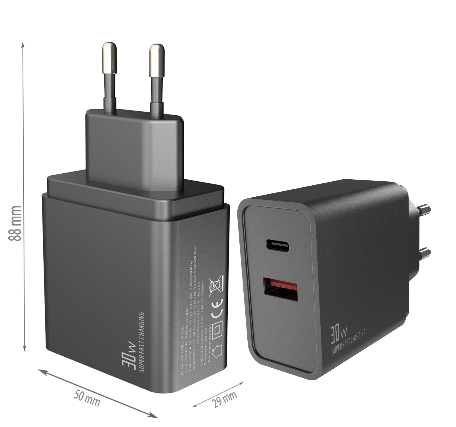 PD30W charger,1*USB-AF Port & 1*USB-CF Port