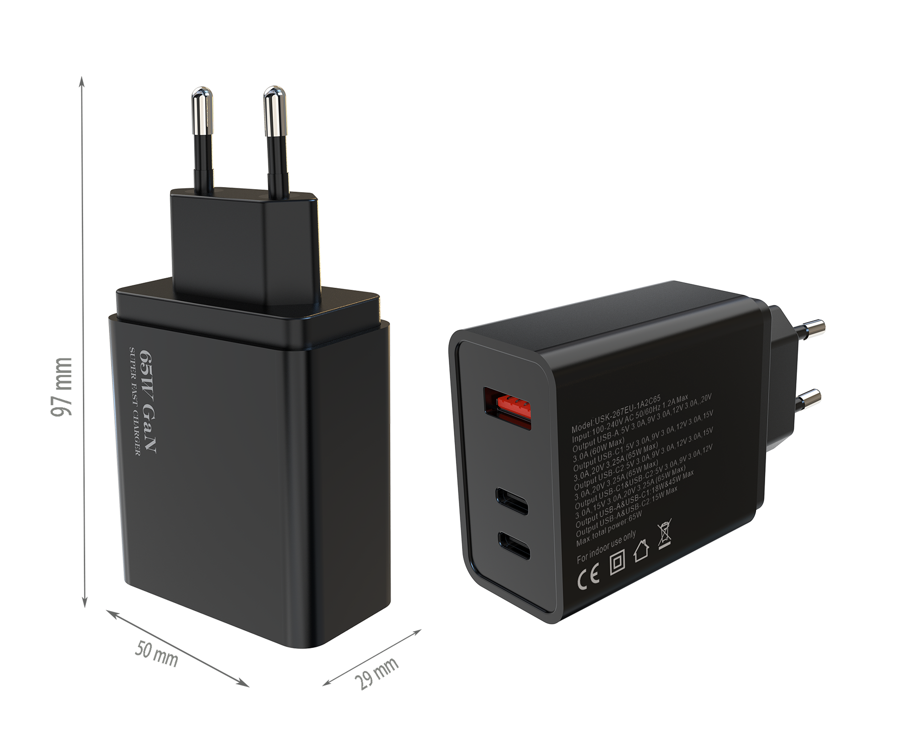 PD65W charger,1*USB-AF Port & 2*USB-CF Ports