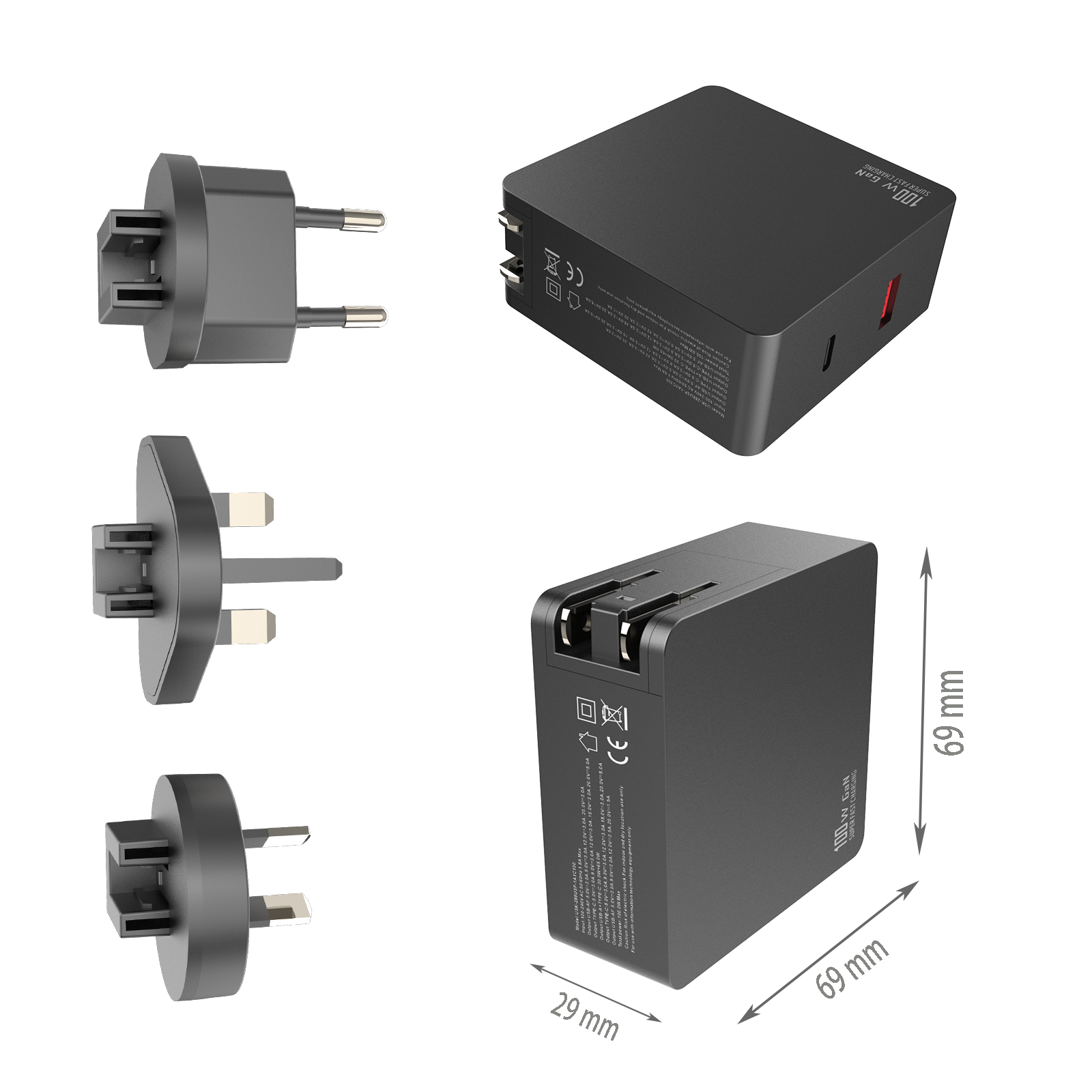PD100W Travel Charger,1*USB-AF Port & 1*USB-CF Port
