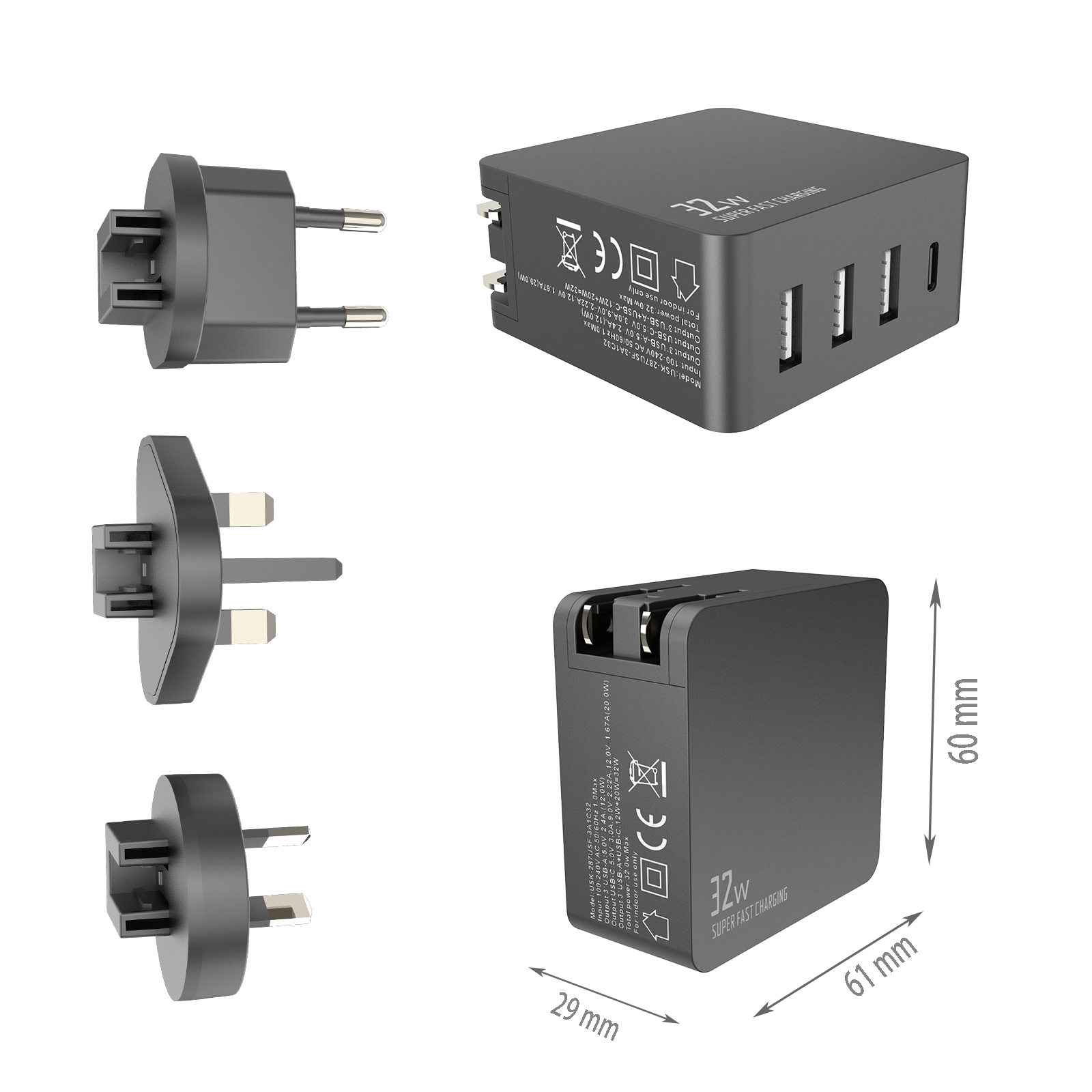 32W Travel charger,3*USB-AF Ports & 1*USB-CF Port