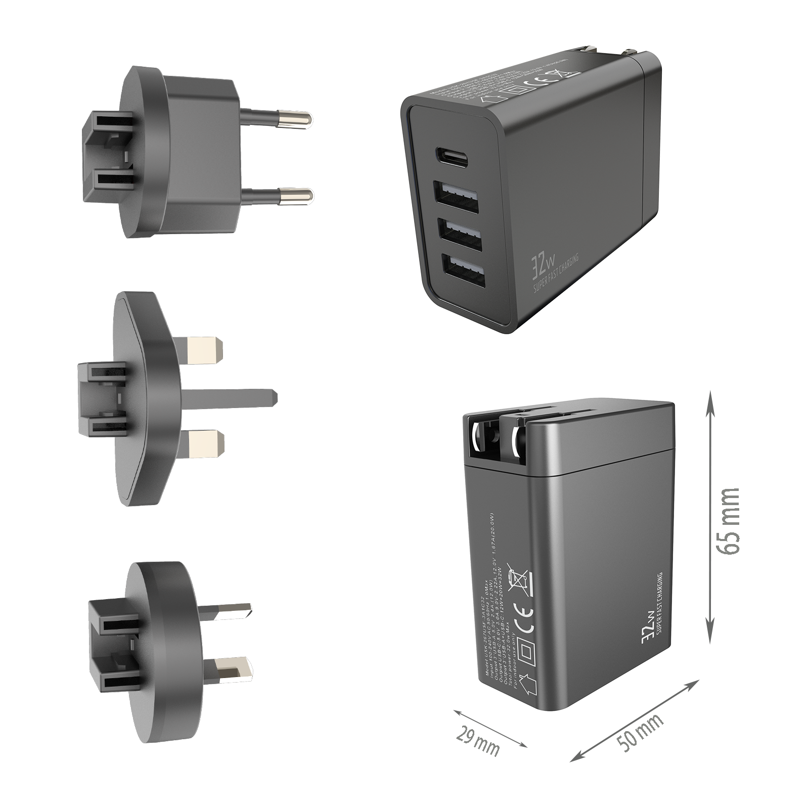 32W Travel charger,3*USB-AF Ports & 1*USB-CF Port