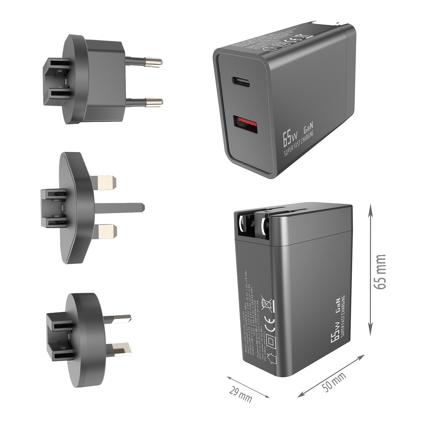 PD65W Travel charger,1*USB-AF Port & 1*USB-CF Port