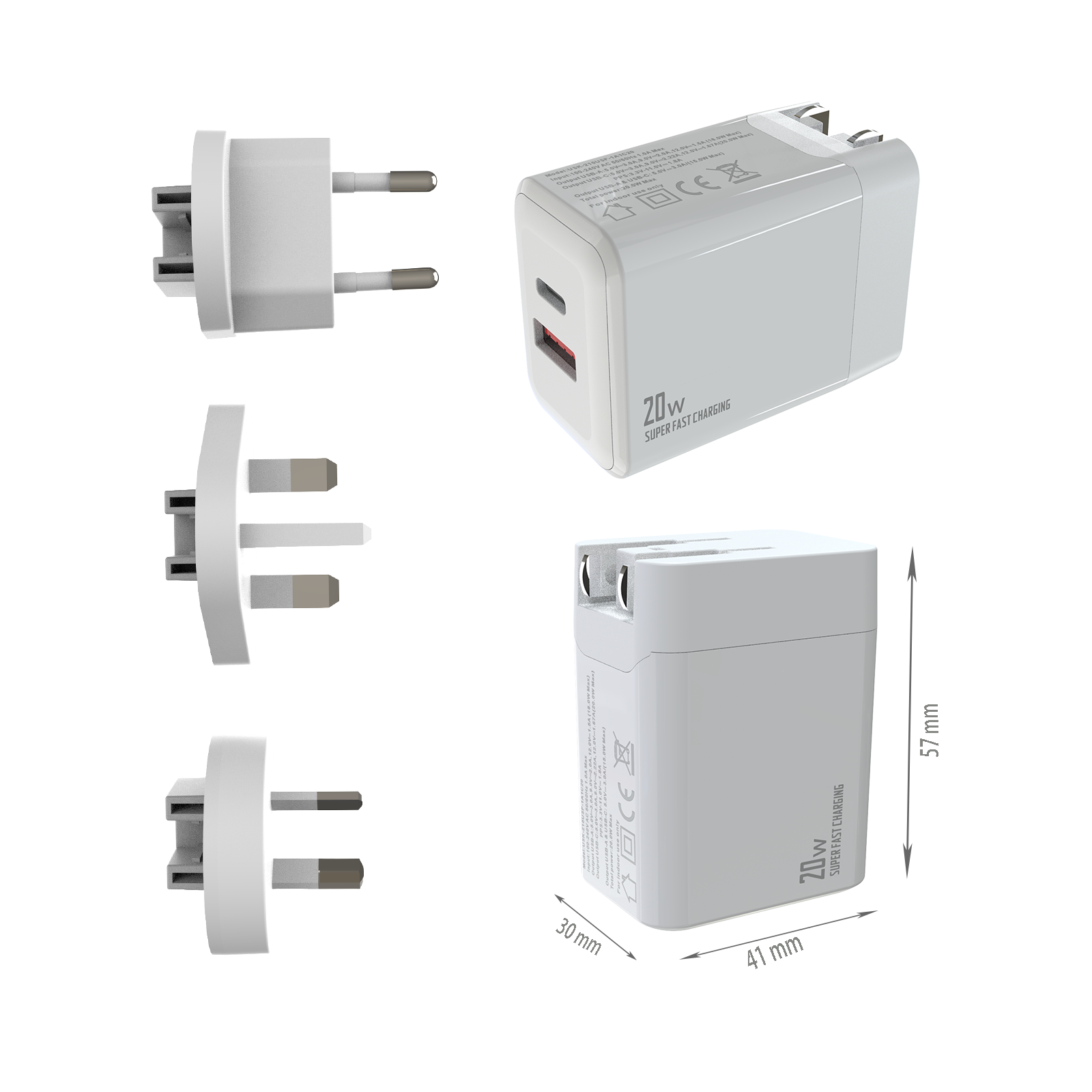 PD20W Travel charger,1*USB-AF Port & 1*USB-CF Port