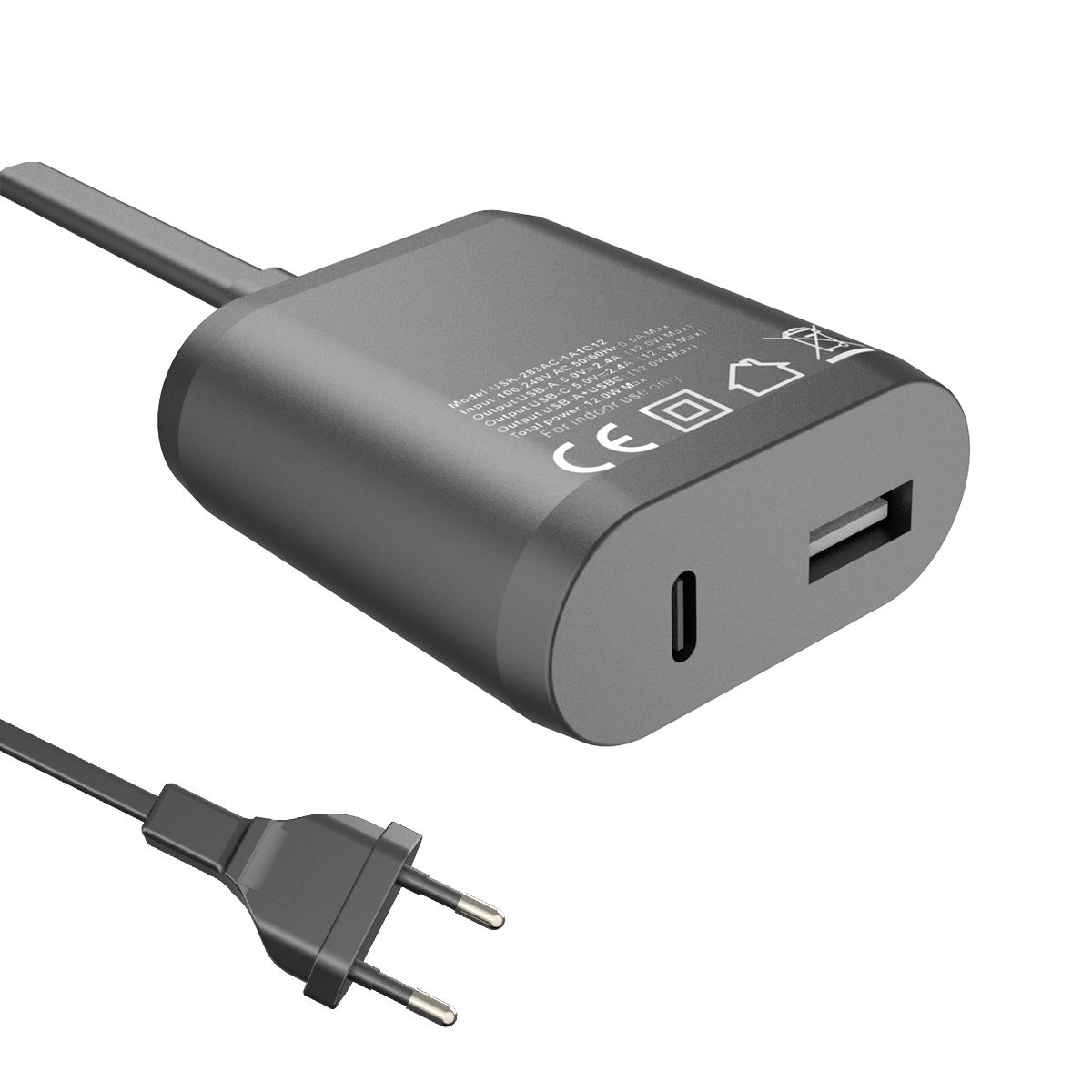 12W charger,1*USB-AF Port & 1*USB-CF Port