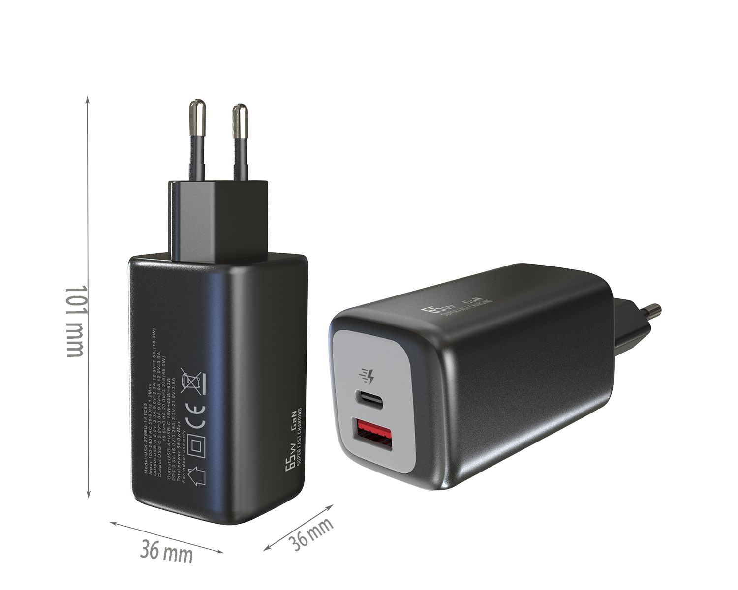 PD65W charger,1*USB-AF Port & 1*USB-CF Port