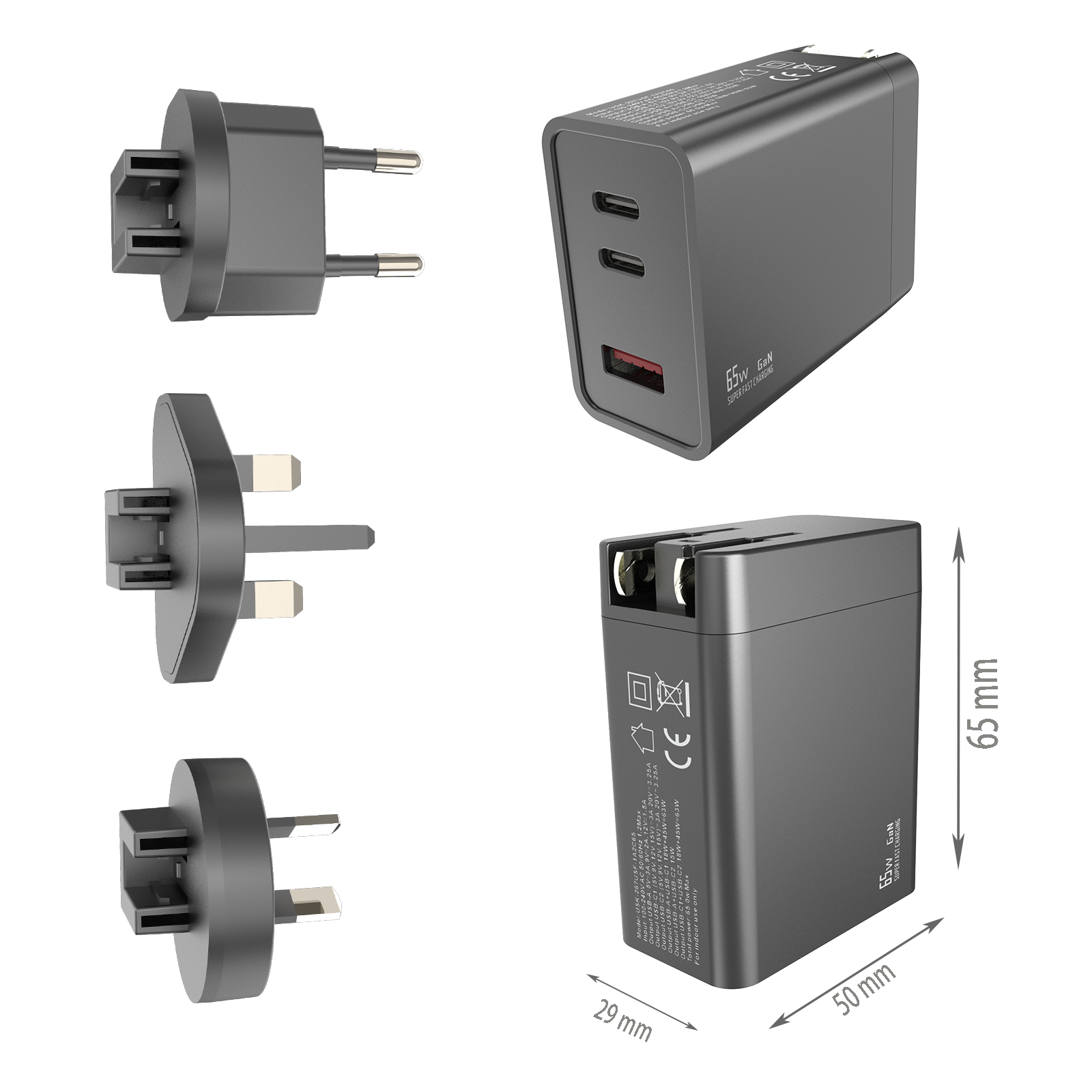 PD65W Travel charger,1*USB-AF Port & 2*USB-CF Ports