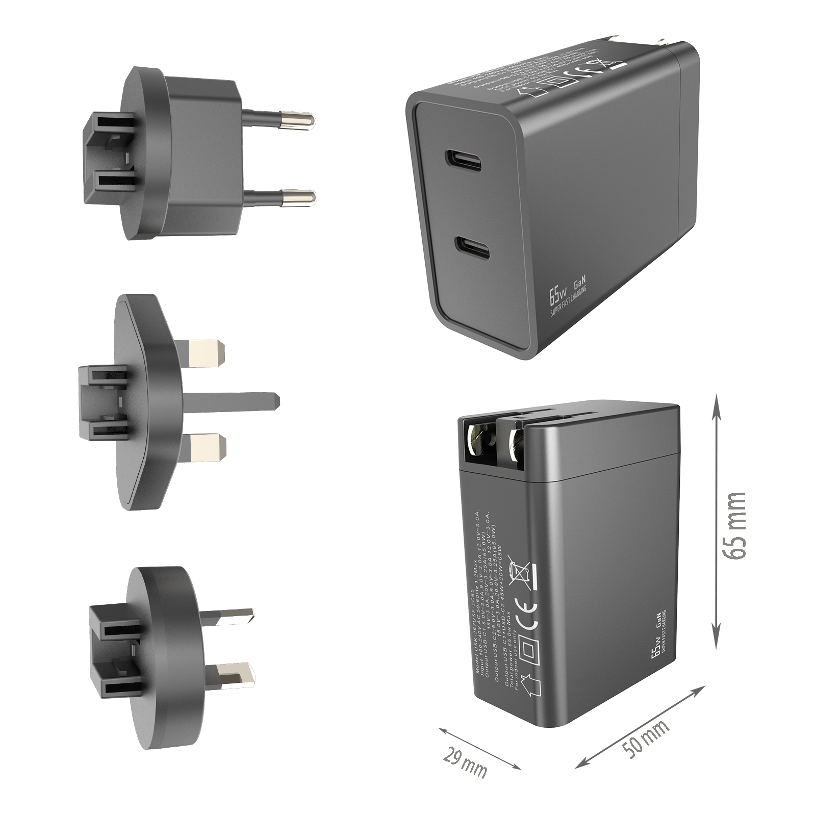 PD65W Travel charger,2*USB-CF Ports