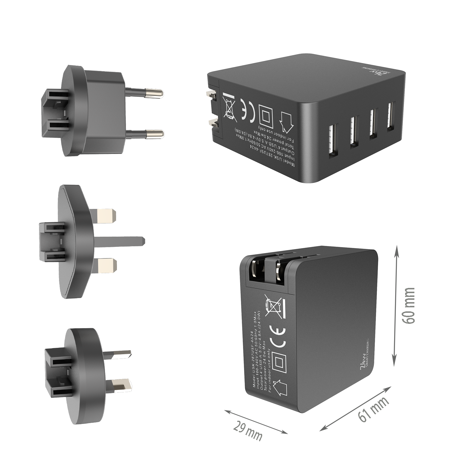 24W Travel charger,4*USB-AF Port
