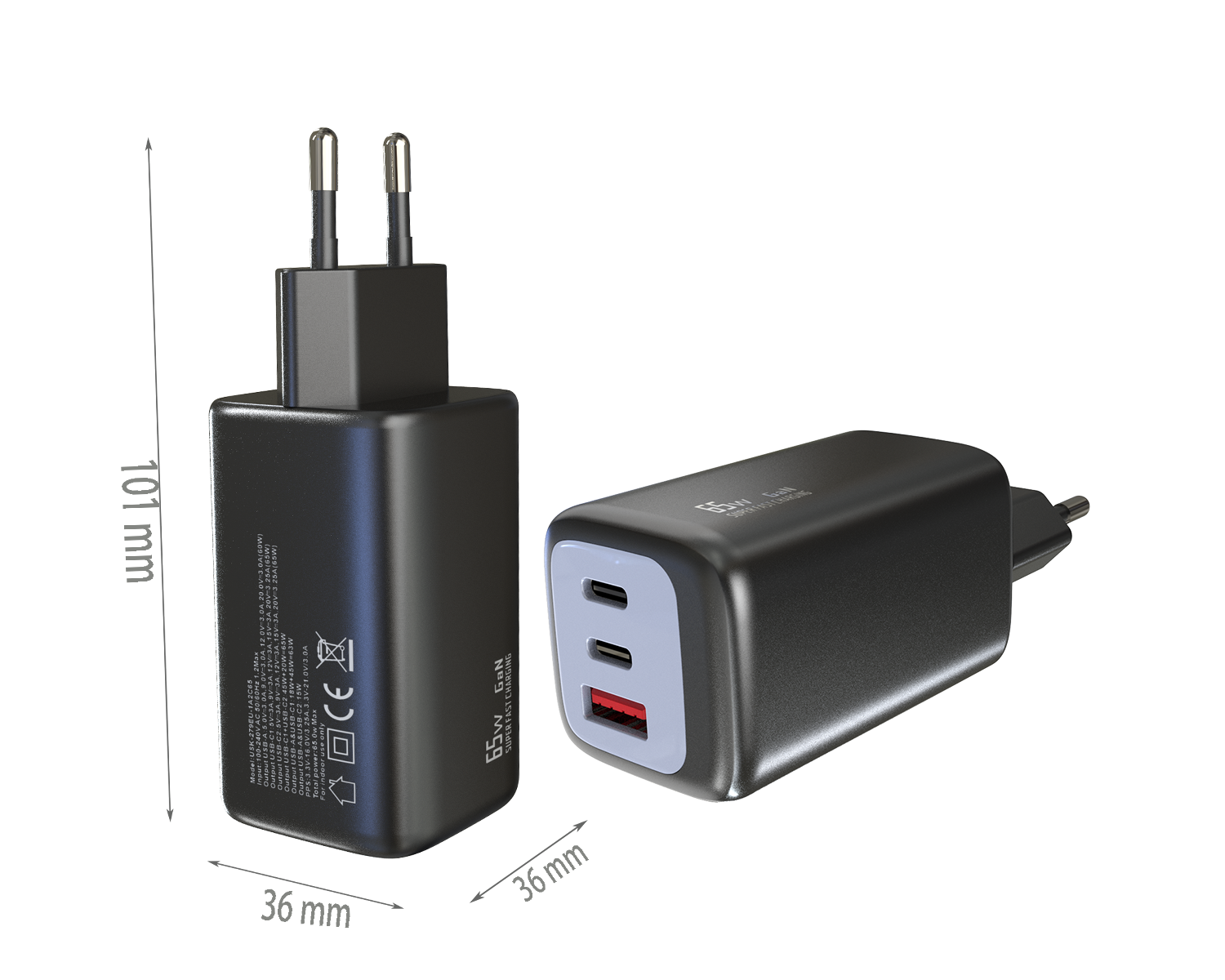 PD65W charger,1*USB-AF Port & 2*USB-CF Ports