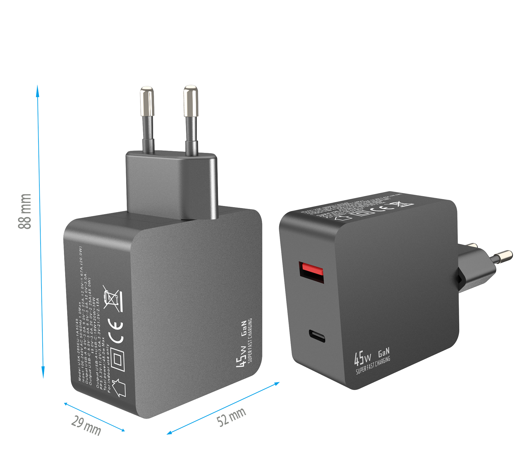 PD45W charger,1*USB-AF Port & 1*USB-CF Port