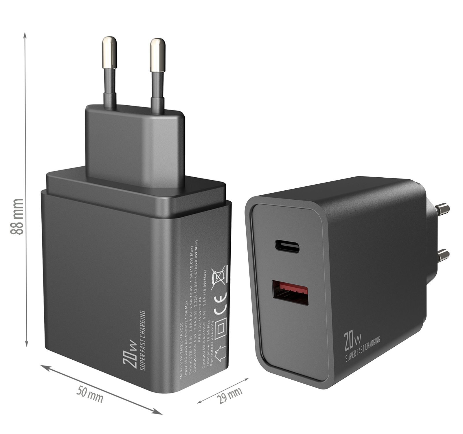 PD20W charger,1*USB-AF Port & 1*USB-CF Port