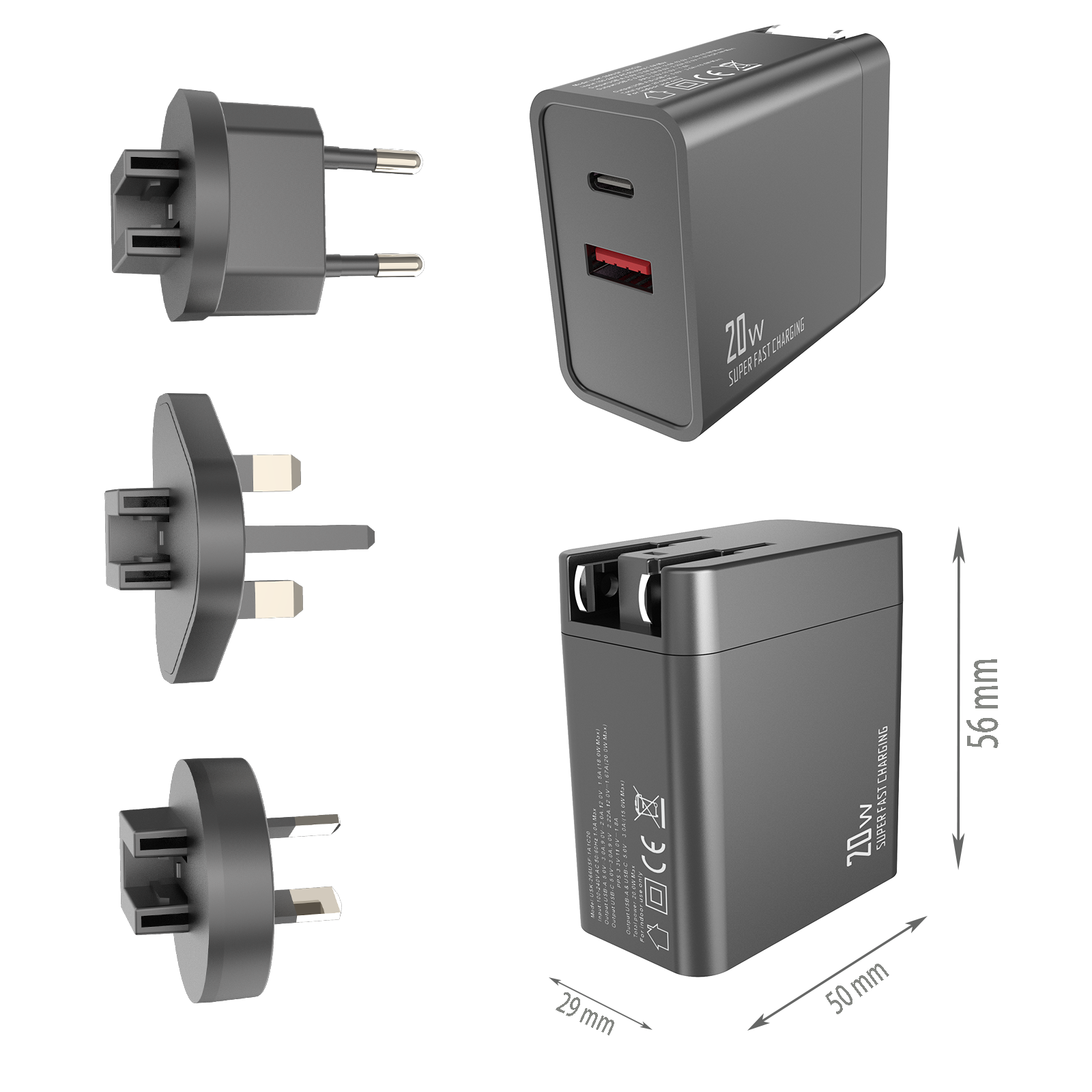 PD20W Travel charger,1*USB-AF Port & 1*USB-CF Port