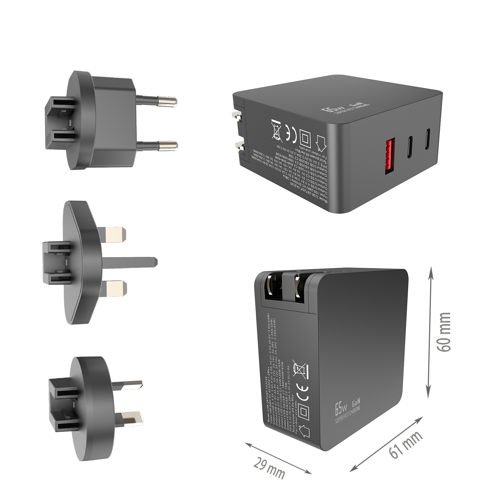 PD65W Travel charger,1*USB-AF Port & 2*USB-CF Ports