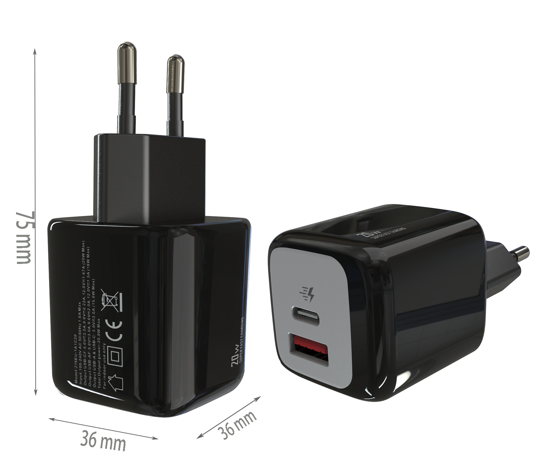 PD20W charger,1*USB-AF Port & 1*USB-CF Port