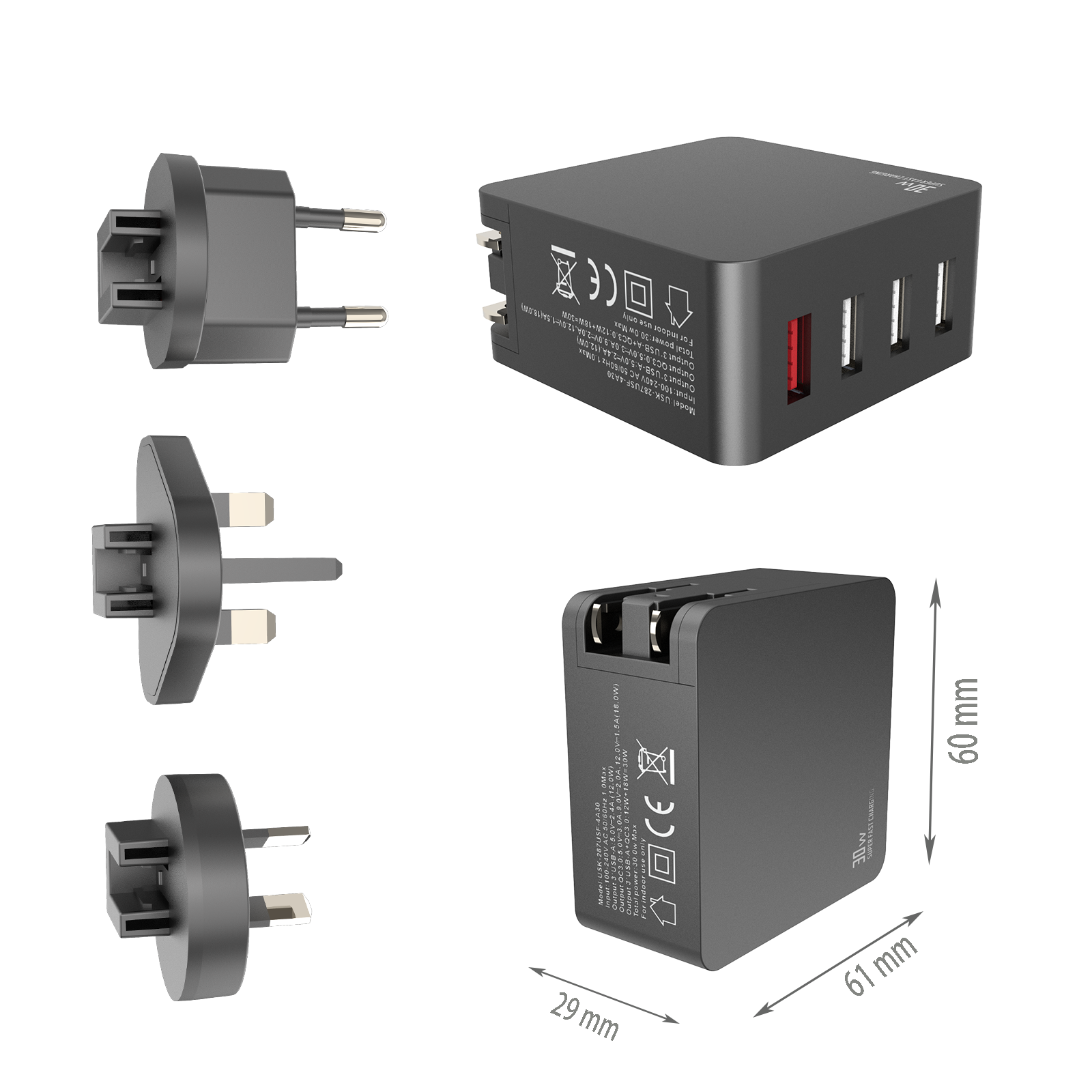 30W Travel charger,4*USB-AF Ports