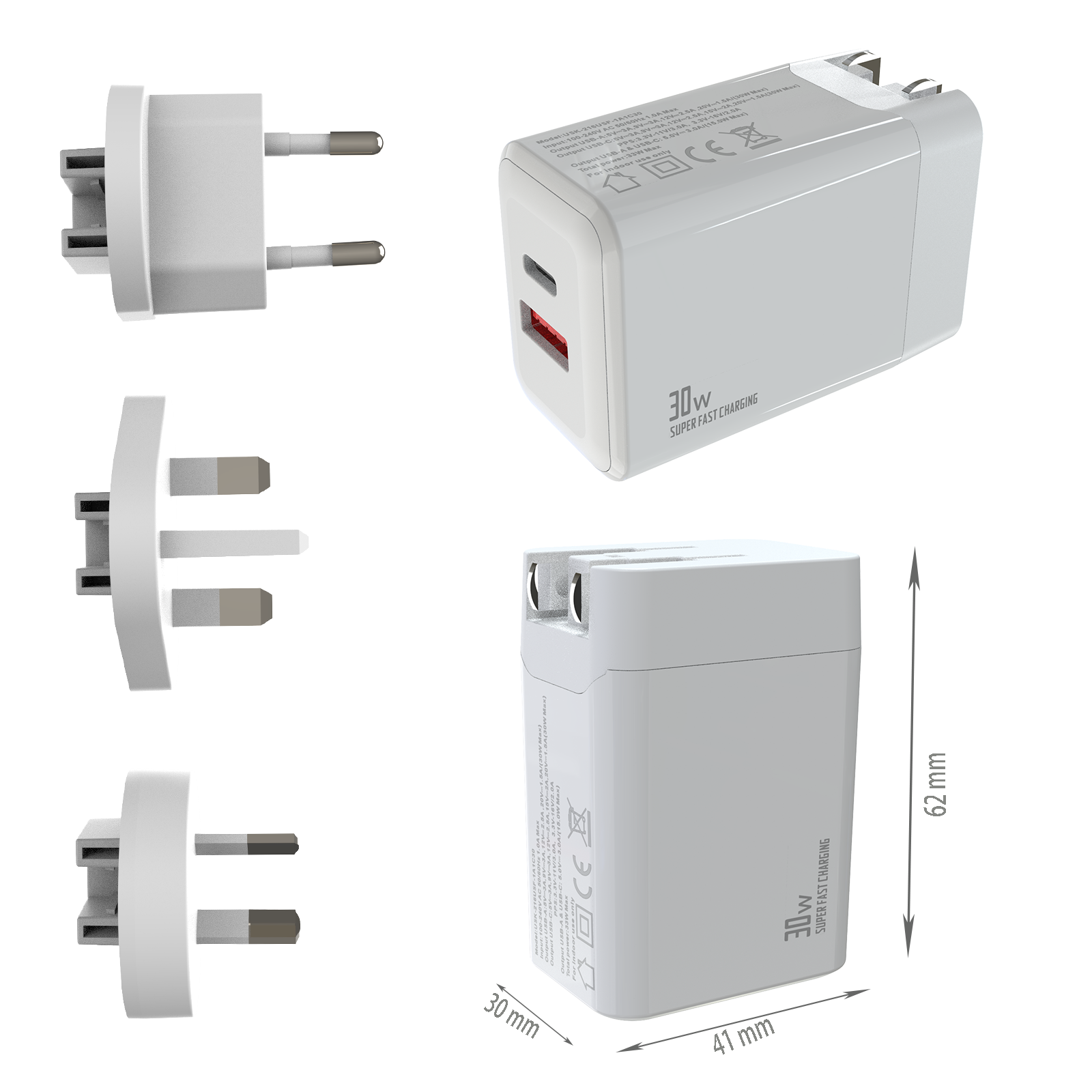 PD30W Travel charger,1*USB-AF Port & 1*USB-CF Port